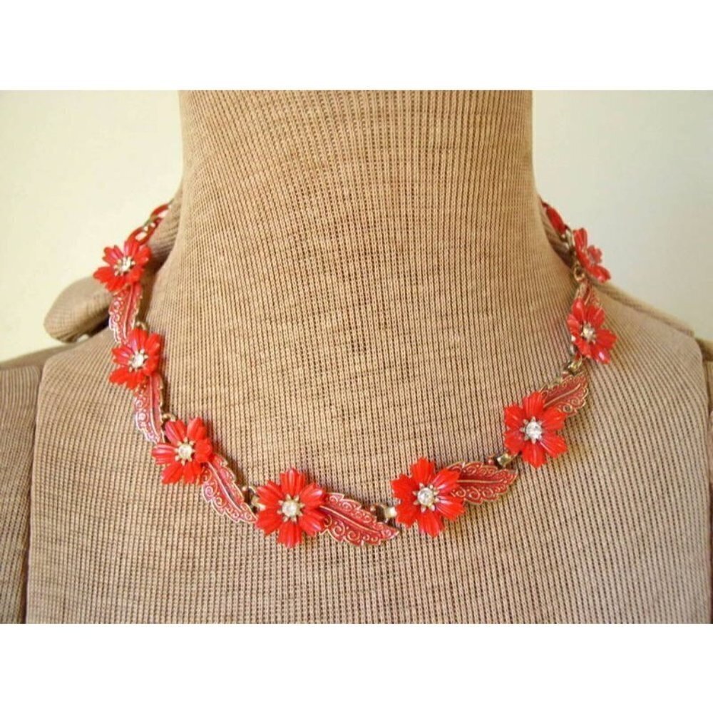 Vintage 1950's Red Poinsetta Floral Celluloid Rhinestone & Enamel Necklace
